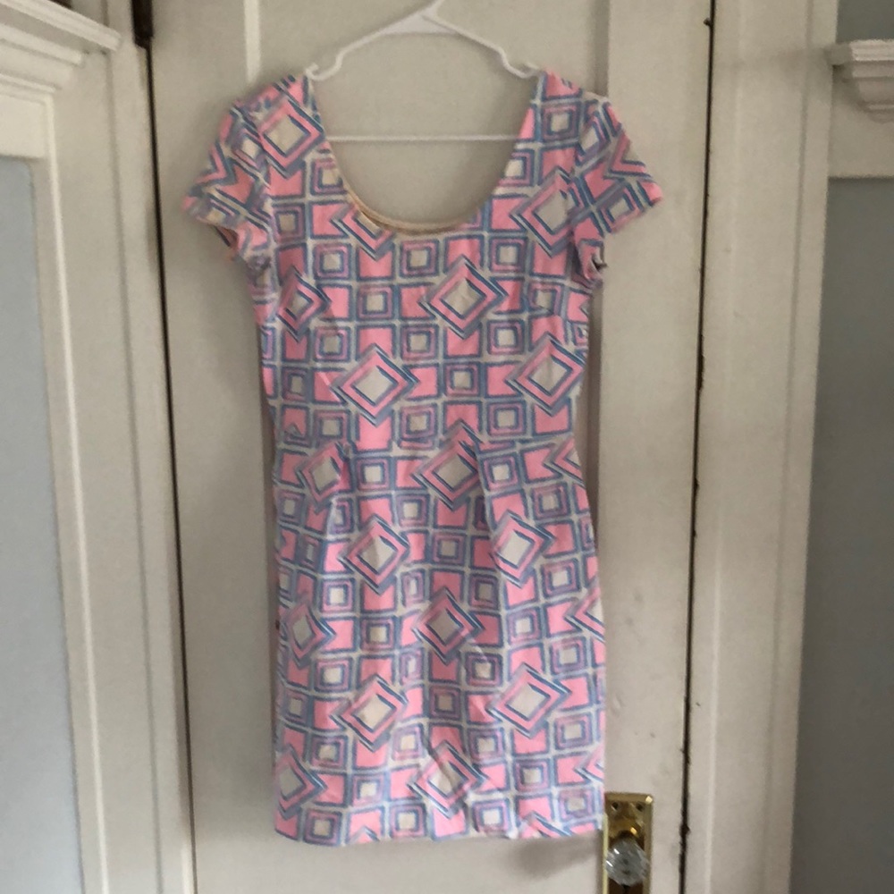 Mahi Gold Pink, White & Blue geometric print dress